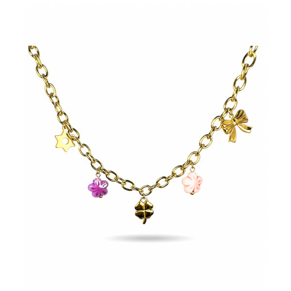 Gold-Plated Charm Necklace with Clover, Floral, Star & Bow Charms