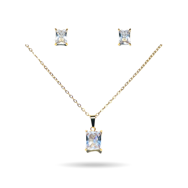 Yellow Gold Plated Single Stone Emerald Cut Cubic Zirconia Necklace set