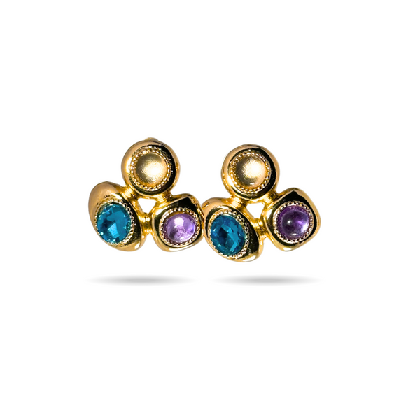 Gold-Plated Three-Stone Gemstone Stud Earrings