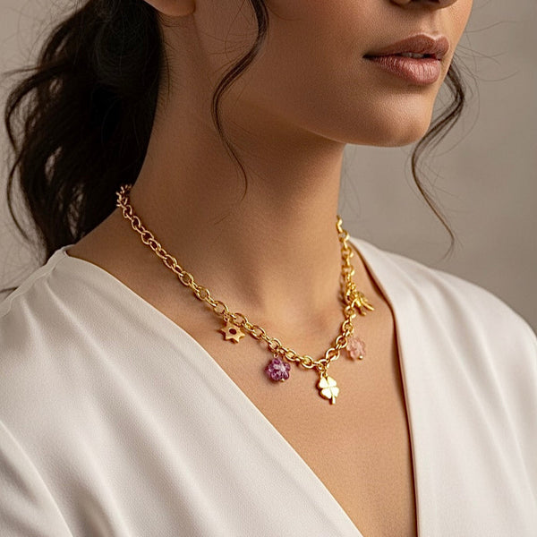 Gold-Plated Charm Necklace with Clover, Floral, Star & Bow Charms