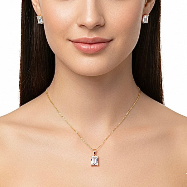 Yellow Gold Plated Single Stone Emerald Cut Cubic Zirconia Necklace set