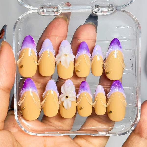 Purple floral almond nails