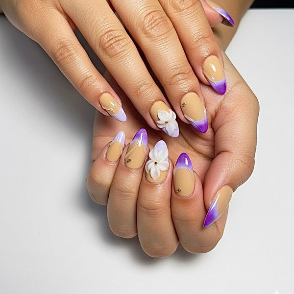 Purple floral almond nails